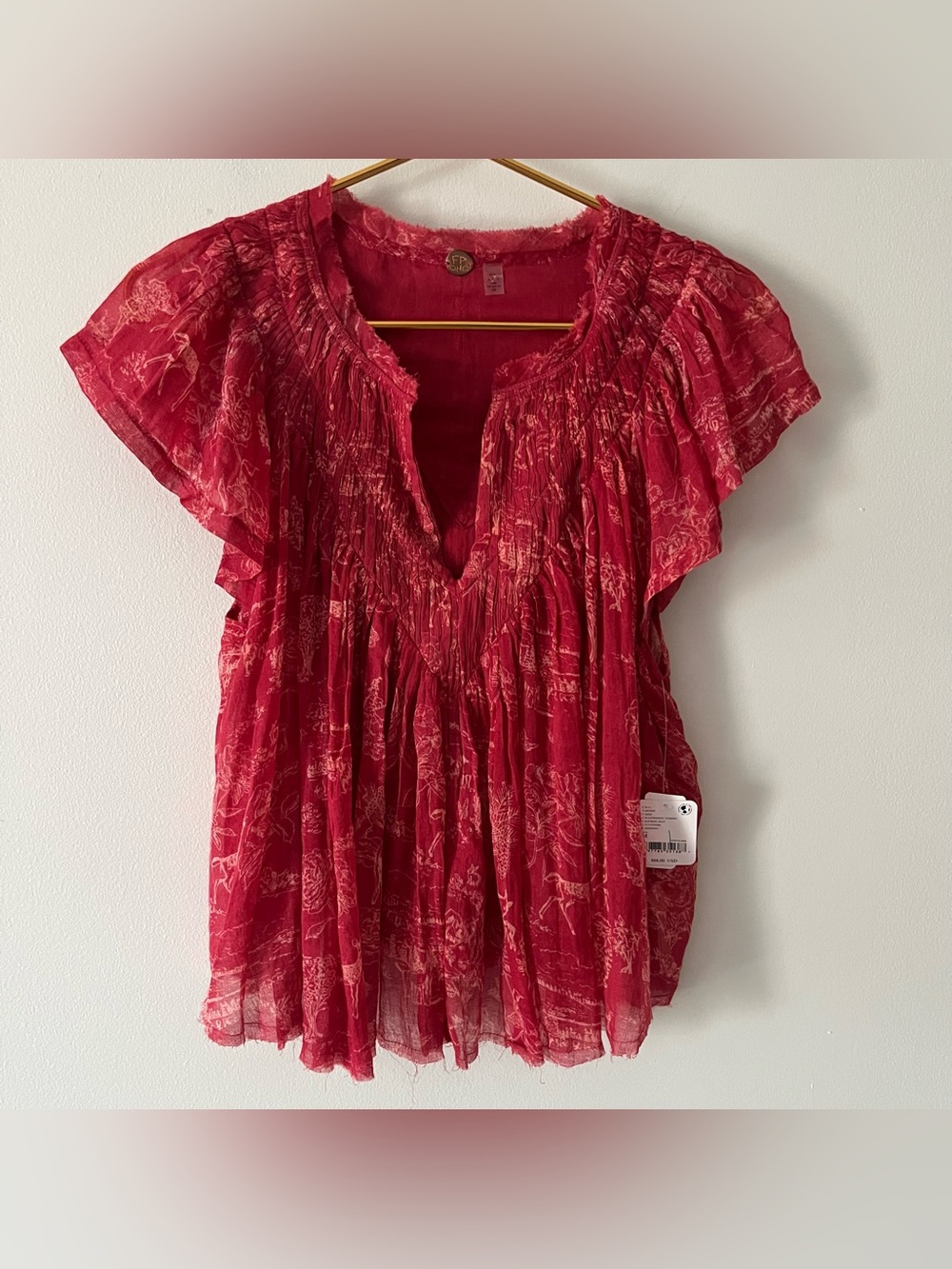 NWT Free People FP One Padma Red Print Flutter Sleeve Peasant Top 100% Cotton M